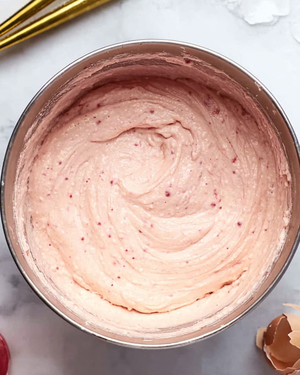 The image shows a close-up of a round metal bowl filled with thick, light pink batter with small darker pink spots evenly mixed in. The batter's texture is smooth with visible swirls inside the bowl. The bowl sits on a white marbled surface, with a golden mixing utensil partially visible next to it. There is also a cracked eggshell nearby, with the inside showing a light brown color. The overall look is clean and focused on the bowl and batter. Photo taken with an iphone --ar 4:5 --v 7