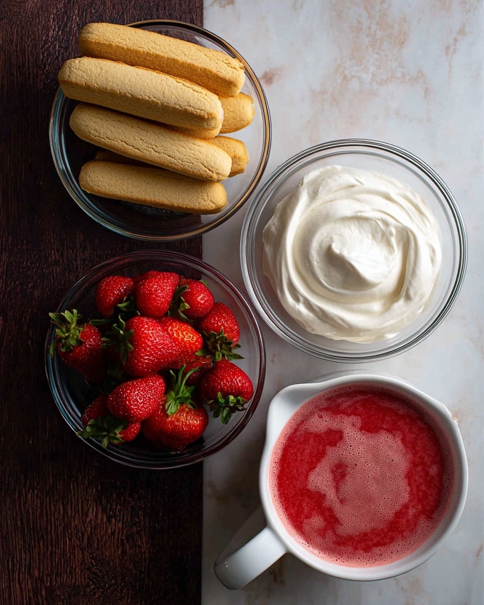 The image shows the ingredients for a strawberry dessert arranged on a white marbled surface. There are four clear glass bowls: one with light brown ladyfinger cookies stacked in two layers with a slightly rough texture, another bowl filled with a smooth, thick white cream with soft swirls, a third bowl with whole bright red strawberries with green leaves, and a white ceramic measuring cup holding a bright red strawberry puree with a frothy surface. The items are neatly spaced and well lit, with a clear focus on the textures and colors of each layer. Photo taken with an iphone --ar 4:5 --v 7