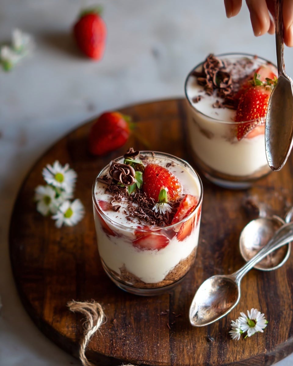 The image shows two clear glasses filled with three layers: the bottom layer has a light brown cake piece, the middle layer is creamy white yogurt or cream, and the top layer features fresh, bright red strawberry halves partially sunk into the cream with chocolate shavings scattered on top. The glasses sit on a round wooden surface with a woman's hand holding a silver spoon near one glass, while two more silver spoons tied with a string rest beside the other glass. A strawberry and small white flowers lie on the wooden surface for decoration, with a white marbled texture background visible around. photo taken with an iphone --ar 4:5 --v 7