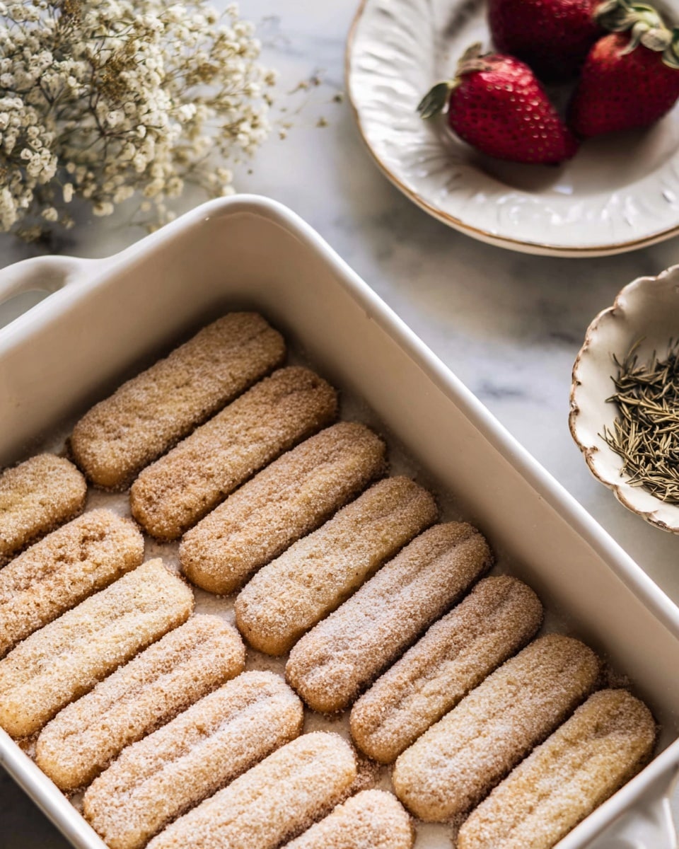The image shows a close-up of a white square baking dish filled with two layers of light brown ladyfinger cookies neatly lined up side by side. The baked surface of the cookies is slightly textured with a light dusting of sugar, giving a grainy look. Above and to the side of the dish, there are two white plates set on a white marbled surface; one plate holds two strawberries and a small bunch of tiny white flowers, while the other plate contains a small pile of dried herbs with visible stems. The lighting is soft, highlighting the warm tones of the ladyfingers and the fresh colors of the strawberries and flowers. photo taken with an iphone --ar 4:5 --v 7