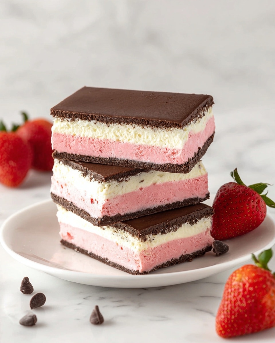This image shows a rectangular layered dessert on a white marbled surface, with two smaller rectangular slices placed in front of the bigger piece. The dessert has four clear layers: a dark brown base that looks firm, followed by a thick pale yellow layer, then a bright pink layer, and topped with a smooth dark brown layer that appears slightly shiny. The dark brown top layer has some small, subtle texture marks. A large silver serrated knife with traces of pink and white cream rests on the surface near the pieces. The scene is clean and bright with natural light, focused on the dessert’s colors and layers. photo taken with an iphone --ar 4:5 --v 7