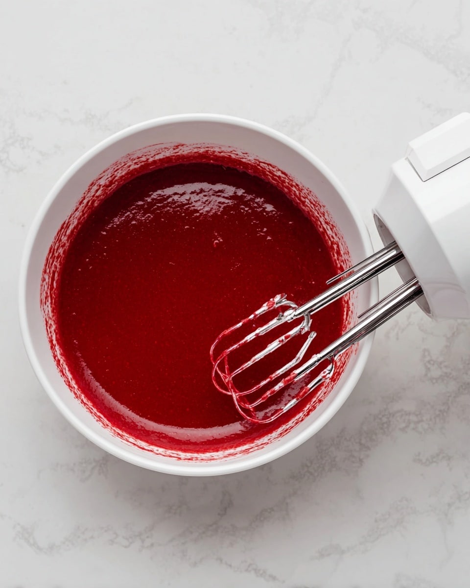 A white bowl filled with smooth, deep red liquid batter, which has a shiny and slightly thick texture, sits on a white marbled surface. Next to the bowl on the right side, a white electric hand mixer with two metal beaters is partially dipped into the batter, showing some red batter residue on the beaters. The image is clean and bright, focusing on the rich color and consistency of the batter. photo taken with an iphone --ar 4:5 --v 7