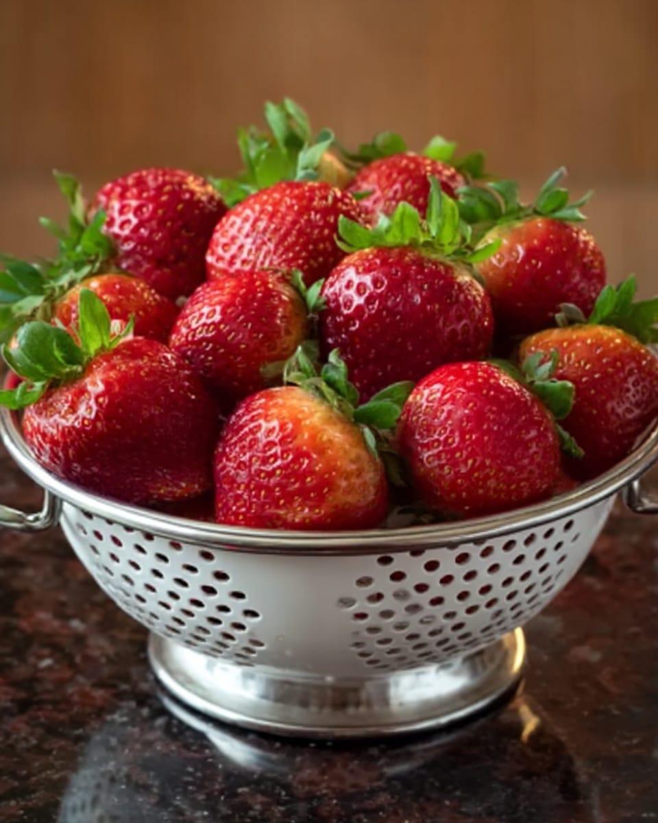 A white metal colander filled with many fresh red strawberries, each with bright green leaves on top. The strawberries vary in size and cover the entire colander, sitting on a shiny dark surface. The background is a soft brown slightly out of focus. photo taken with an iphone --ar 4:5 --v 7