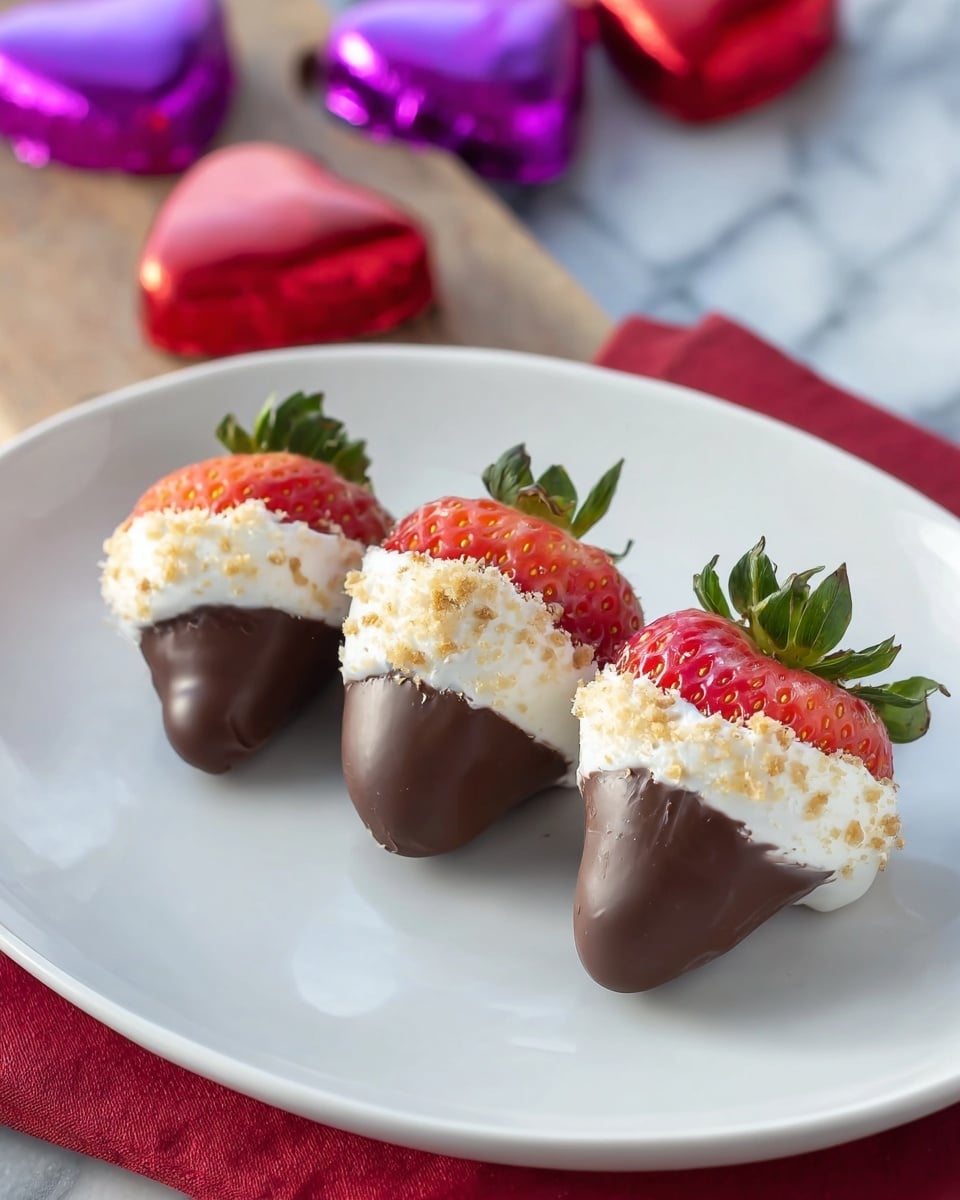 The image shows a white metal strainer filled with red strawberries that are dipped halfway in dark chocolate. Each strawberry is topped with a dollop of white whipped cream, some sprinkled lightly with brown crumbs on top. The strawberries are closely packed in layers inside the strainer. The strainer sits on a white marbled surface with blurred pink and red heart-shaped objects scattered in the background. Photo taken with an iphone --ar 4:5 --v 7