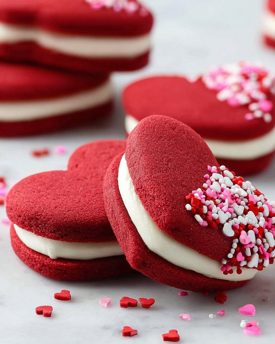 The image shows several heart-shaped red cookies arranged on a white marbled surface. Each cookie has two layers: a red soft cookie on top and bottom, with a thick, smooth white cream layer in the middle. One cookie is decorated with small red, white, and pink heart-shaped sprinkles on one side of the top cookie layer. In the background, there is a white mug with a black rim and the words