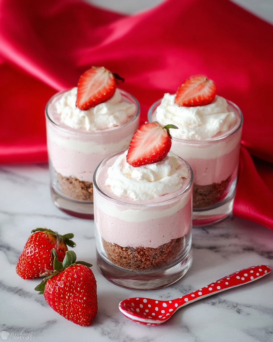 A clear glass dessert cup with three visible layers sits on a light beige textured cloth with three fresh strawberries nearby. The bottom layer is a light brown crumbly base, topped by a thick white creamy layer in the middle. Above that, there is a fluffy pink mousse filling nearly to the rim. On top of the pink mousse, there is a swirl of white whipped cream with a half strawberry placed in the center. Behind the dessert, a red silky cloth adds a bright contrast, all set on a white marbled textured surface. photo taken with an iphone --ar 4:5 --v 7