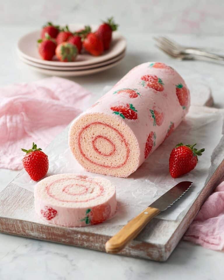 Strawberry Cake Roll with Intricate Design and Strawberry-Filled Cream Recipe