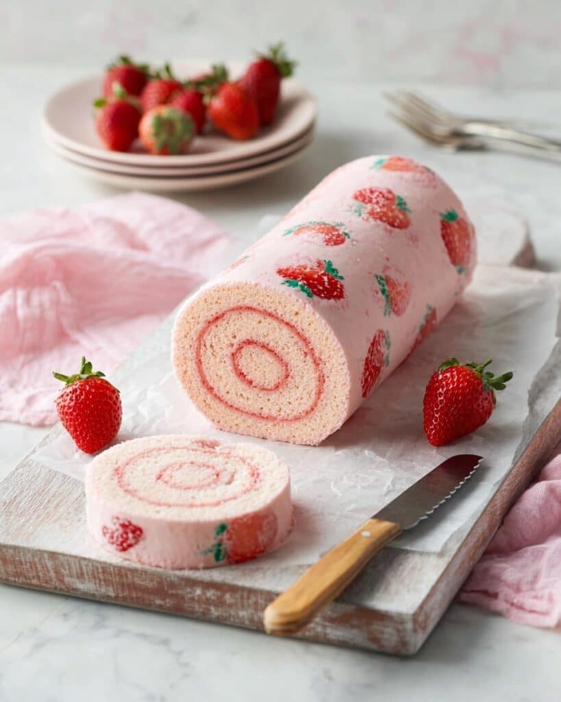 Strawberry Cake Roll with Intricate Design and Strawberry-Filled Cream Recipe