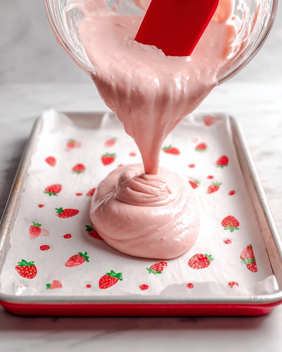 A thick, light pink batter is being poured from a glass bowl with a red spatula onto a white baking tray lined with parchment paper. The parchment paper is decorated with small red strawberries with green stems and tiny red dots evenly spaced around them. The batter forms soft, smooth layers as it flows down, showing a creamy texture. The whole scene is set on a white marbled surface. Photo taken with an iphone --ar 4:5 --v 7