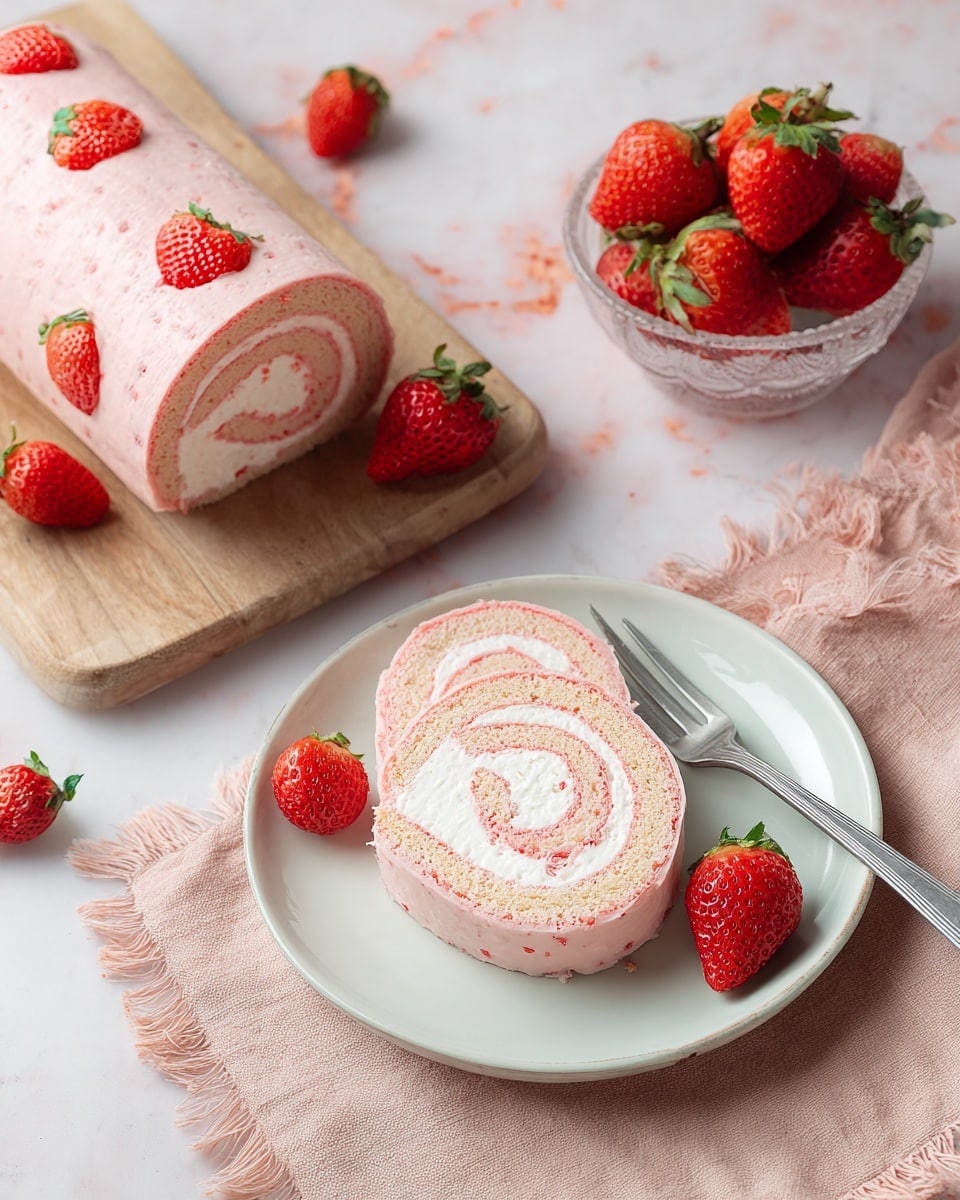 A close-up view of a strawberry swirl roll cake with two layers: a pink cake layer decorated with small strawberry designs on the outside and a creamy white swirl filling in the center. One slice of the roll cake sits on a white plate with two whole strawberries, accompanied by a silver fork on the right side. Nearby, a wooden board holds the remainder of the rolled cake with two more slices, along with a few scattered fresh strawberries. To the top right, a clear glass bowl filled with bright red strawberries sits on the white marbled surface, next to a pale pink cloth with frayed edges. Photo taken with an iphone --ar 4:5 --v 7