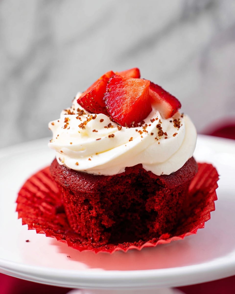 A single red cupcake with a deep red soft texture forms the base layer, slightly broken at one side. On top of it is a thick layer of white cream frosting, smooth and creamy. The frosting is garnished with small brown sprinkles scattered lightly over it. On the very top, there are four small pieces of bright red strawberry slices arranged neatly. The cupcake sits on a white plate, with a white marbled background visible behind. Photo taken with an iphone --ar 4:5 --v 7