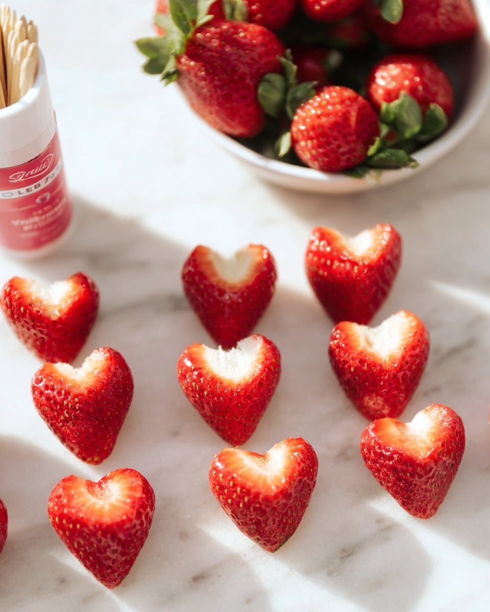 The image shows several strawberries carved into heart shapes, arranged on a white marbled surface. There are two rows of heart-shaped strawberries with bright red color and small seeds visible, and slight white patches near the tops where the cuts were made. Behind the strawberries, there is a white bowl filled with whole, uncut strawberries with green leaves. To the left, there is a white container with a pink label for toothpicks, partly visible and standing upright. The light in the image is bright and natural, giving the scene a fresh and clean look. Photo taken with an iphone --ar 4:5 --v 7