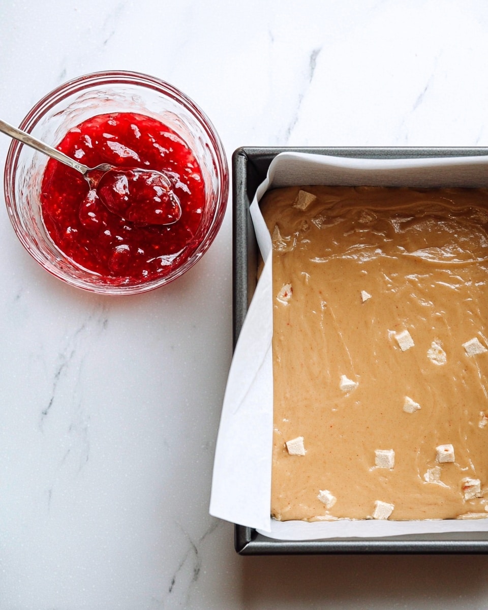 A square baking pan lined with white parchment paper is filled with a smooth, light brown batter that has small white chunks mixed throughout, showing a slightly glossy texture spread evenly. Next to the pan is a clear glass bowl containing bright red jam with visible fruit pieces and a spoon inside, resting on a white marbled surface. photo taken with an iphone --ar 4:5 --v 7