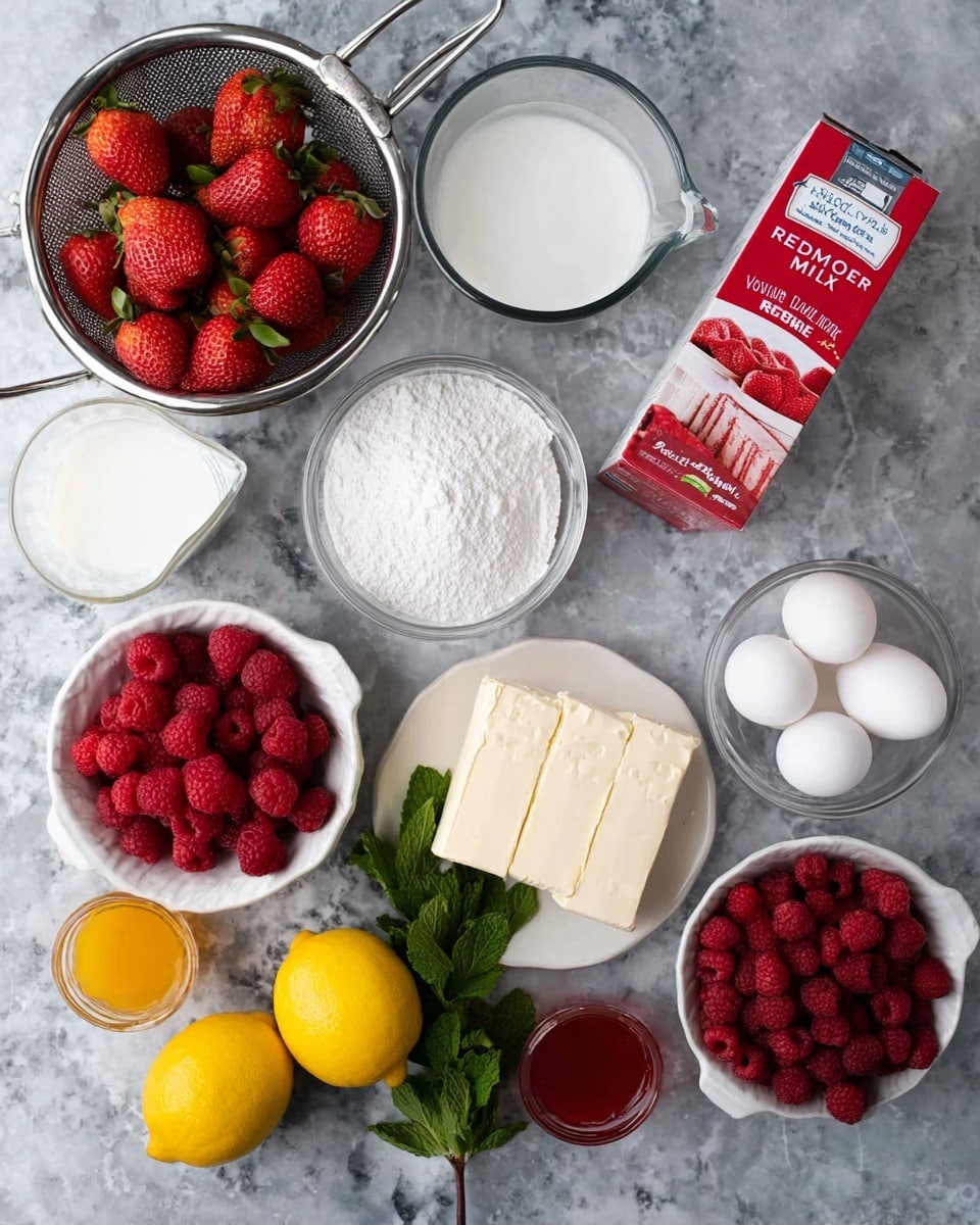 A collection of fresh and baking ingredients arranged on a white marbled surface. At the top left, there is a silver colander filled with bright red strawberries. Below it, a clear glass jug contains white cream. To the right, a clear bowl holds white powdered sugar, next to a small white bowl with white liquid. Three white eggs are placed to the right of the bowl, near two silver-wrapped cream cheese blocks. A box of red velvet cake mix with a red and white design stands upright on the right side. In front of the box, a small bunch of green mint leaves and a whole bright yellow lemon are placed. Near the center bottom lies a white bowl filled with dark red raspberries, and two small clear containers with red and yellow liquids sit nearby. Photo taken with an iphone --ar 4:5 --v 7