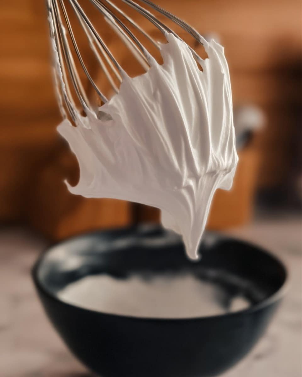 A close-up image of thick, white whipped cream with a smooth and fluffy texture hanging thickly on a metal whisk, while some of the cream still sits in a black mixing bowl below. The background is softly blurred with warm wood tones suggesting a kitchen setting, all resting on a white marbled surface. Photo taken with an iphone --ar 4:5 --v 7