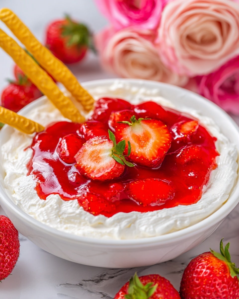 A close-up image shows a golden wafer held by a woman's hand, dipped into a bowl of bright red strawberry jelly with whole strawberries inside. The wafer’s textured grid pattern is visible, and the jelly looks shiny and thick, covering the tasty white cream underneath in the white bowl. The background has blurred red strawberries and a glass of milk on a white marbled surface. The colors contrast well, with the bright red jelly and strawberry pieces standing out against the soft cream and wafer. photo taken with an iphone --ar 4:5 --v 7