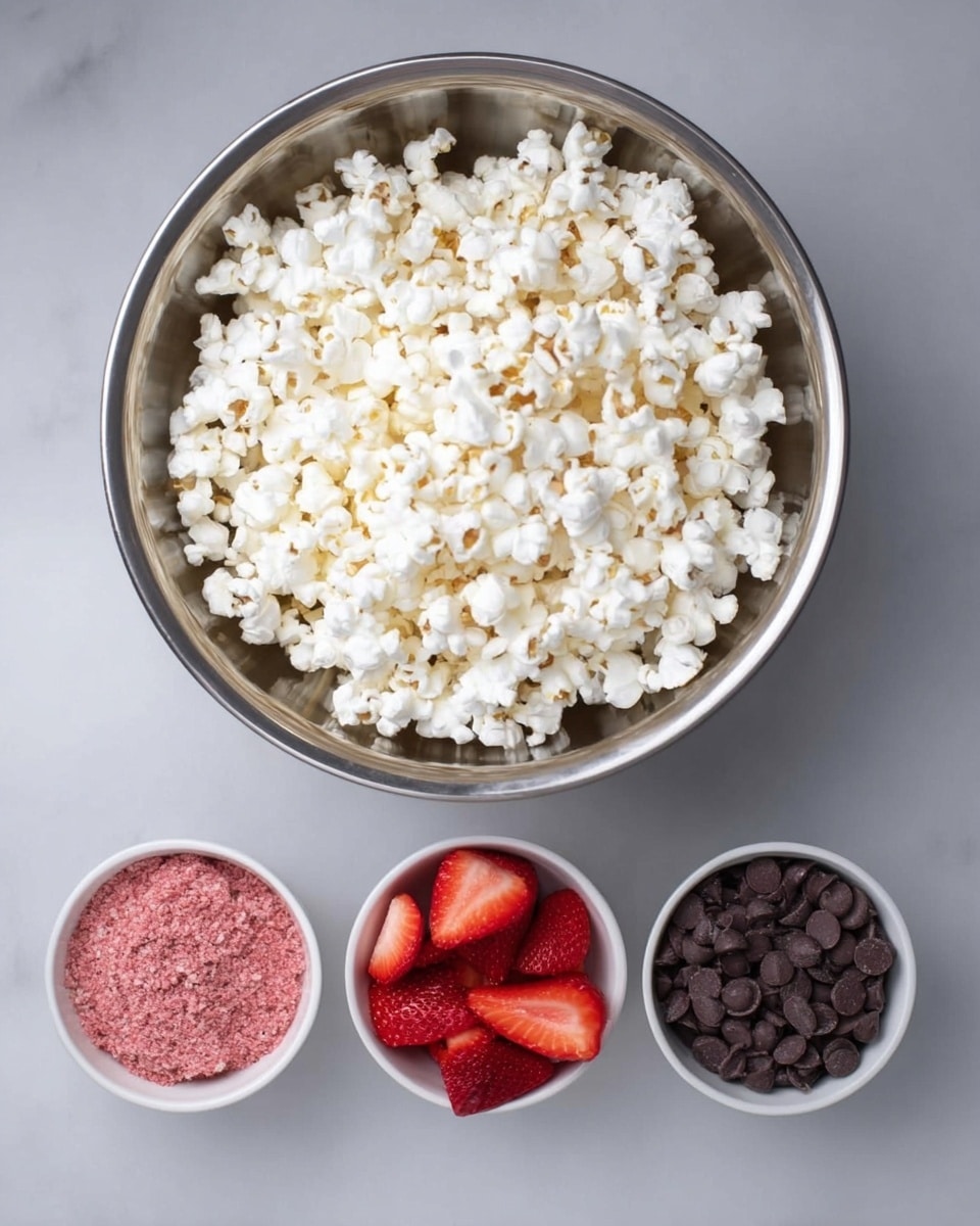 A large silver bowl filled with white, fluffy popcorn sits at the top center of the image. Below it, there are three small white bowls placed side by side. The left bowl contains a pink crushed powder with a grainy texture, the middle bowl is filled with bright red sliced strawberries, and the right bowl holds dark brown chocolate chips. The background and surface are a white marbled texture. photo taken with an iphone --ar 4:5 --v 7