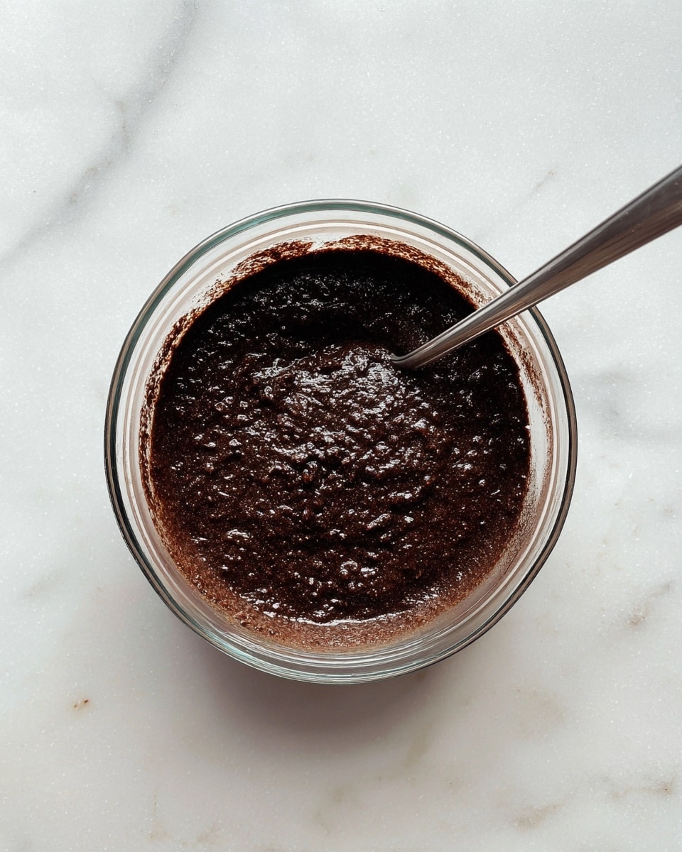 A clear glass bowl sits on a white marbled surface, filled with a thick, dark brown mixture that looks slightly wet and textured with small lumps. A long silver spoon rests inside the bowl, partially covered by the dark batter, which spreads evenly across the bottom and up the sides of the bowl. The scene is simple and focuses on the rich, chocolate-like batter in the center of the image, showing a close-up top-down view. photo taken with an iphone --ar 4:5 --v 7
