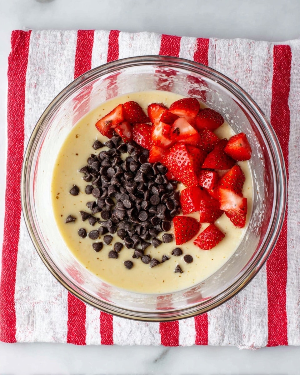 A clear glass bowl sits on a white marbled surface covered by a white cloth with thick vertical red stripes. Inside the bowl, there is a creamy off-white batter as the base layer. On top of the batter, there is a small pile of dark chocolate chips clustered on one side and scattered bright red chopped strawberries next to them. The textures range from smooth batter to the small, shiny chocolate chips and juicy, fresh strawberries. photo taken with an iphone --ar 4:5 --v 7