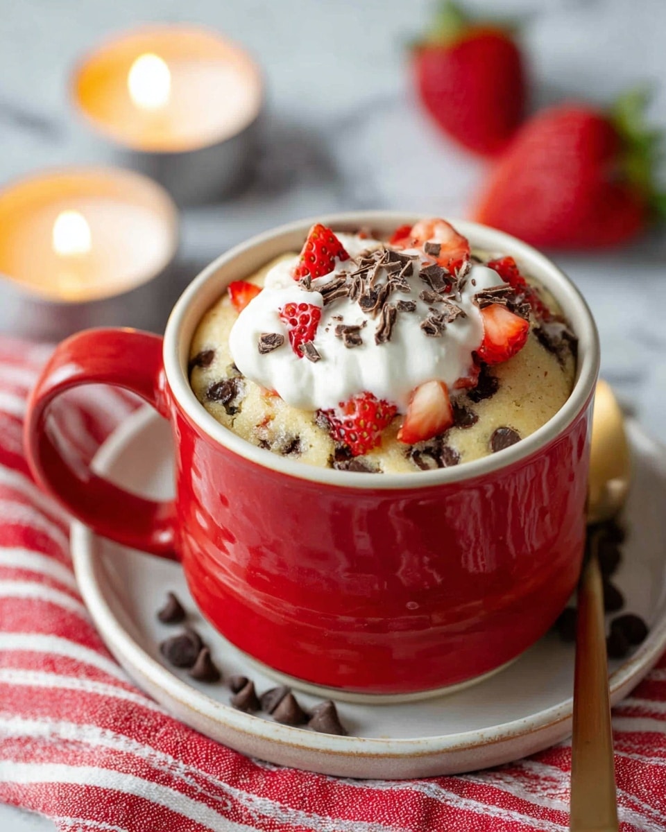 A red mug filled with a light yellow cake mixed with chocolate chips and diced red strawberries, topped with a dollop of white cream on one side and more diced strawberries and small chocolate shavings scattered over it. The mug sits on a white plate with a wooden stick next to it, all placed on a red and white striped cloth with two lit candles in the blurred white marbled background. photo taken with an iphone --ar 4:5 --v 7