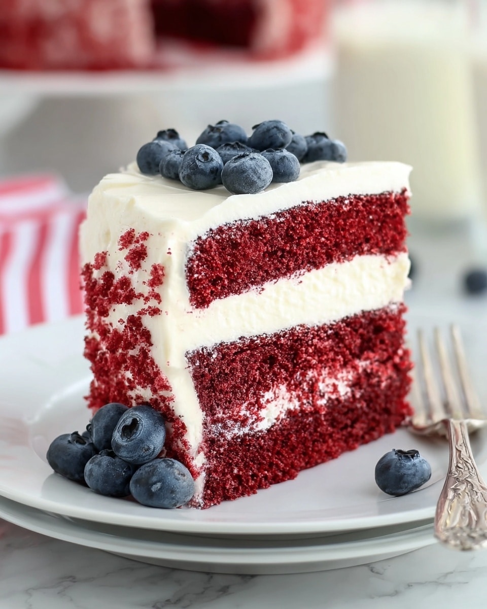 A tall, round cake with three visible layers is shown on a white cake stand on a white marbled surface. The bottom and top layers are a dark red color with a soft, spongy texture. The middle layer is a light pink cream mixed with red crumbs, giving it a speckled look. On top of the cake is a thick layer of white cream, smooth and fluffy, piled high with fresh blueberries that are a deep blue color and slightly shiny. The background is dark, making the cake colors stand out clearly. Photo taken with an iphone --ar 4:5 --v 7