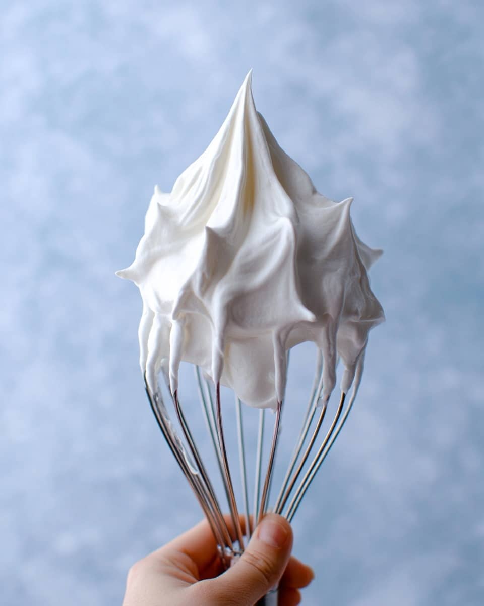A close-up of a metal whisk covered in fluffy, smooth white whipped cream with sharp peaks standing tall on the top. The whipped cream covers the wires of the whisk evenly, showing a thick and creamy texture. At the bottom of the image, a woman's hand holds the whisk firmly against a soft, light blue background with a white marbled texture. Photo taken with an iphone --ar 4:5 --v 7