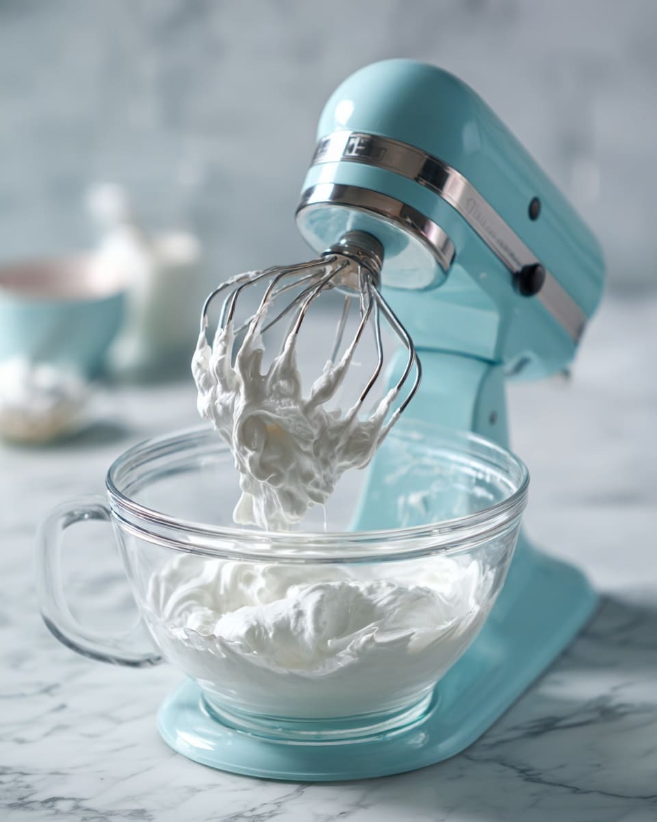 A light blue stand mixer with a clear glass bowl attached sits on a white marbled surface. Inside the bowl, there is a fluffy white mixture being whipped by a metal whisk attachment. The whisk has some of the mixture clinging to its wires, showing a creamy texture. The background is softly blurred, focusing on the mixer and the whipped mixture inside the bowl. photo taken with an iphone --ar 4:5 --v 7