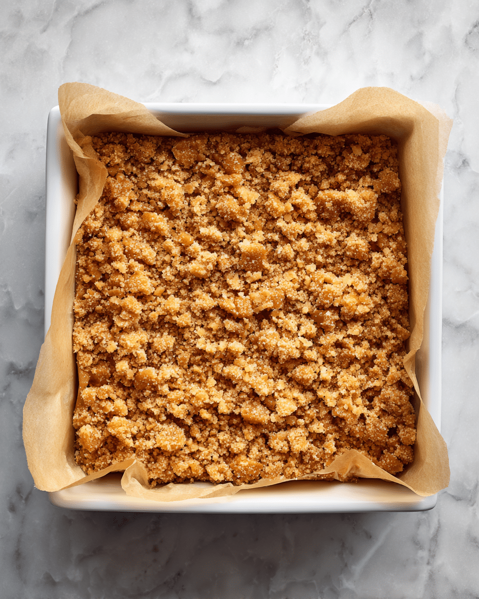 A square white baking dish lined with parchment paper holds a single thick layer of crumbly golden brown mixture with uneven, small and medium chunks covering the entire surface. The texture looks dry and crunchy with a rustic appearance. The dish is placed on a white marbled texture surface. photo taken with an iphone --ar 4:5 --v 7
