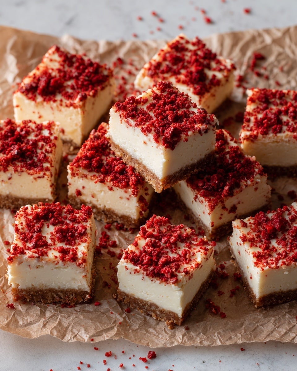 The image shows a square dessert bar with three layers. The bottom layer is light beige with a crumbly texture. The middle layer is thick, creamy white and smooth. The top layer is a mix of red and beige crumbled bits, scattered unevenly for a rough texture. One bar is on a white plate with a thin dark rim, next to a silver fork. In the background, more bars sit on brown parchment paper on a tray, with a red textured cloth and two golden sandwich cookies nearby. The surface underneath is white marble with light grey veins. photo taken with an iphone --ar 4:5 --v 7