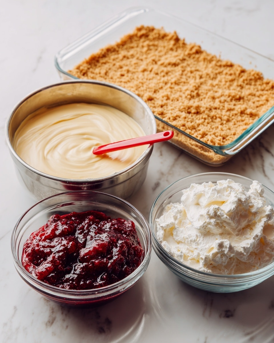A clear glass baking dish filled with an even layer of light brown crumbly crust sits in the background on a white marbled surface. In front of it is a large metal bowl containing a smooth pale yellow cream mixture with a red spatula inside. To the right of the bowl, there are two clear glass bowls filled with white fluffy whipped cream. In front of all these items, there is a small clear glass bowl filled with thick, deep red berry sauce that looks chunky and juicy. Photo taken with an iphone --ar 4:5 --v 7