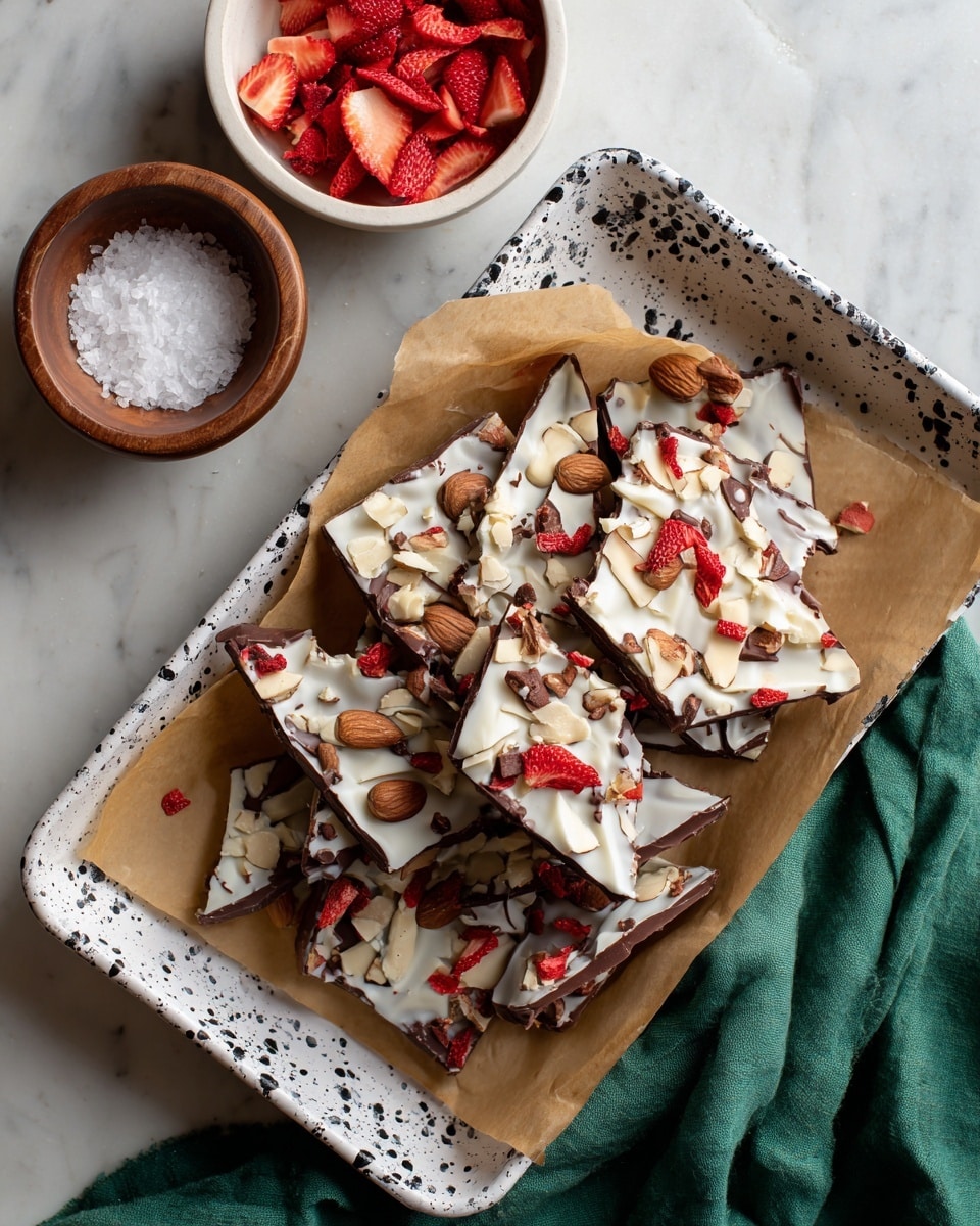 The image shows broken pieces of dark chocolate bark spread out on a light brown surface. Each piece has a thin, dark brown chocolate base layered with white and dark chocolate swirls on top, giving a marbled effect. Scattered generously over the surface are red dried berry pieces, pale beige almond slices, and white coconut flakes, adding texture and color contrast. The edges of the bark are irregular and the toppings appear unevenly spread, making each piece look unique. The rough brown background highlights the vibrant colors of the toppings and the rich chocolate layers photo taken with an iphone --ar 4:5 --v 7