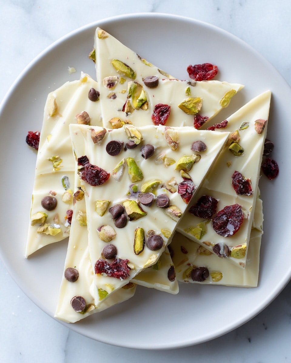 A single thin layer of white, creamy mixture spread unevenly on a baking tray covered with parchment paper, topped all over with scattered small dark brown chocolate chips, bright red dried cranberries, and chopped green pistachios, creating a colorful and textured top layer. The tray rests on a white marbled surface. photo taken with an iphone --ar 4:5 --v 7