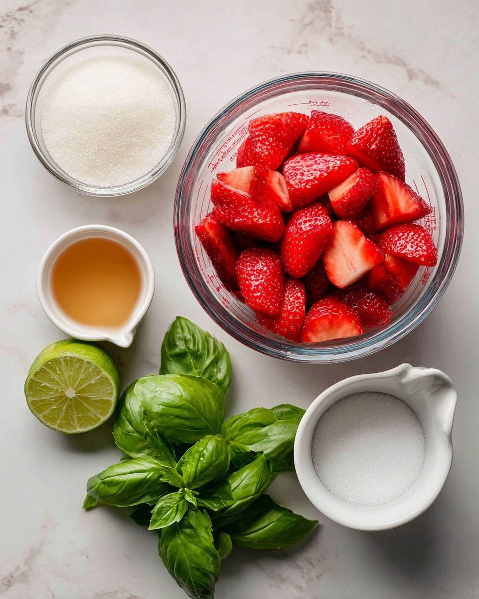 A clear glass measuring cup filled with bright red cut strawberries sits in the center, showing many pieces with different shapes and sizes. Above it, a white measuring cup holds light amber liquid, and next to that is a white measuring cup with white granulated sugar. On the lower left side, there is half a lime with a light green inside. On the lower right side, there is a bunch of fresh green basil leaves with textured veins. All items are placed on a white marbled textured surface. photo taken with an iphone --ar 4:5 --v 7