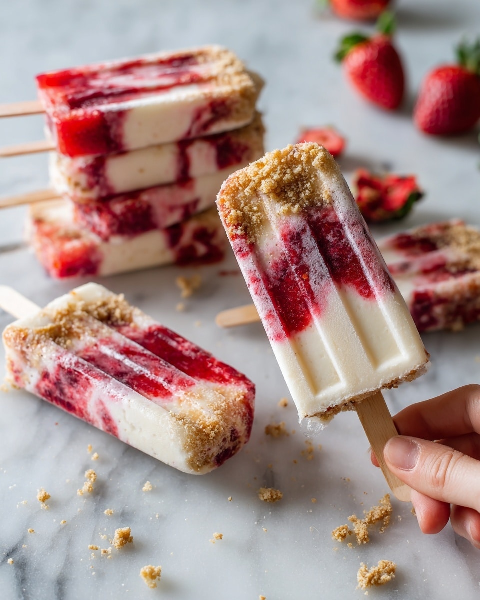 The image shows four stacked strawberry and cream popsicles on wooden sticks, each with a red and white marbled pattern, and a crumbly golden base visible at the ends. Around the popsicles are halved and whole strawberries scattered on a white marbled surface. The background is softly blurred with a glass of water and a vase holding green and white flowers. The overall look is fresh and summery, with the popsicles' creamy texture contrasting the bright red strawberries. Photo taken with an iphone --ar 4:5 --v 7