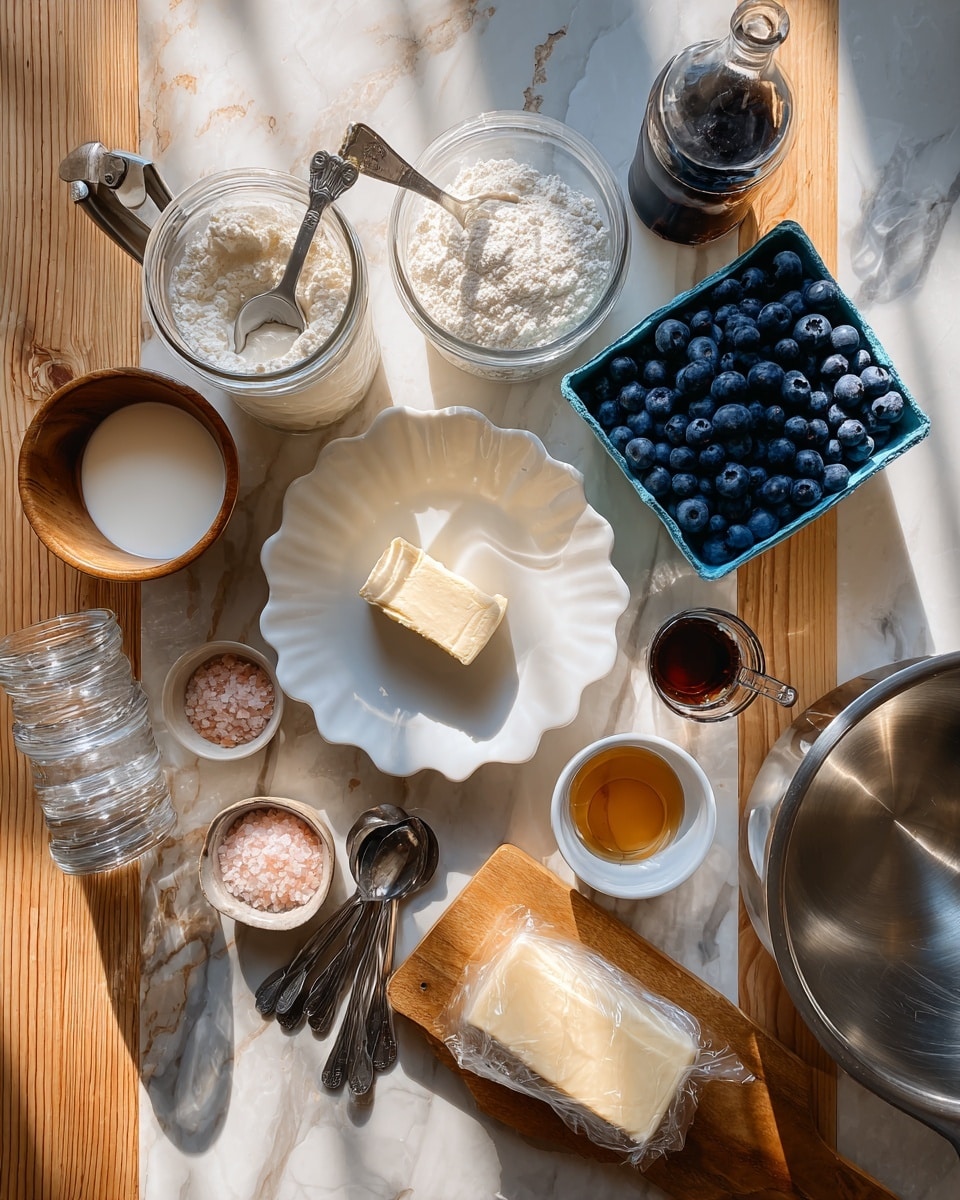 The image shows baking ingredients arranged on a wooden surface with a white marbled texture. Central in the image is a white scalloped plate holding a small block of cream cheese. Around it are several containers: a glass jar filled with flour with a metal scoop inside, a glass measuring cup with milk, a wooden bowl with sugar, and a blue carton full of fresh blueberries. Nearby, there is a small white cup holding melted honey or syrup, a wrapped butter block on a wooden board, a small round bowl with pink salt, and several metal measuring spoons. Also visible are a glass bottle with dark liquid, a set of measuring cups stacked inside each other, and part of a metal mixing bowl on the right side. The light creates soft shadows and highlights on the items, enhancing their textures. photo taken with an iphone --ar 4:5 --v 7