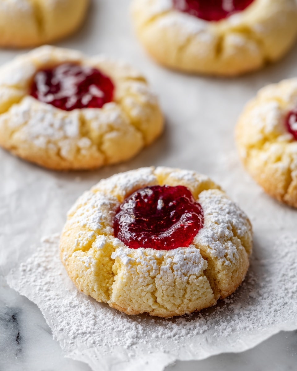 The image shows a close-up view of soft, round cookies arranged on white parchment paper over a white marbled surface. Each cookie has two visible layers: the outer layer is pale yellow with a cracked texture dusted with white powdered sugar, creating a rough and crumbly look, and the inner circle is filled with a glossy, deep red jam that looks smooth and slightly shiny. The cookies are spaced apart and have a gentle dome shape with some powdered sugar scattered around them. Photo taken with an iphone --ar 4:5 --v 7