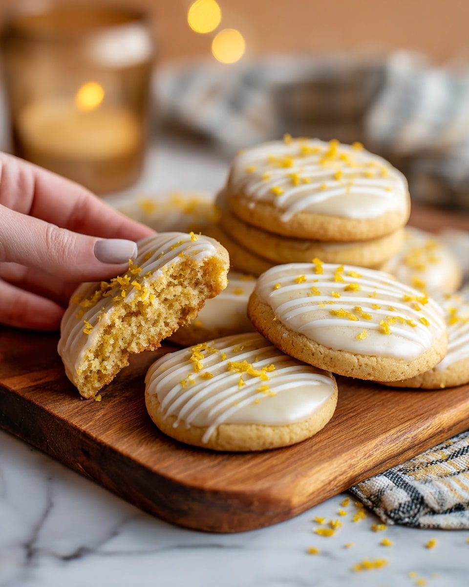A group of round cookies with scalloped edges sit on a black wire cooling rack over a white marbled surface. Each cookie is light golden brown with a smooth, shiny layer of white icing drizzled in diagonal stripes across the top. Bright yellow lemon zest is sprinkled evenly over the icing, adding small textured accents to the cookies. The cookies are close to each other, filling the rack in a neat arrangement. Photo taken with an iphone --ar 4:5 --v 7