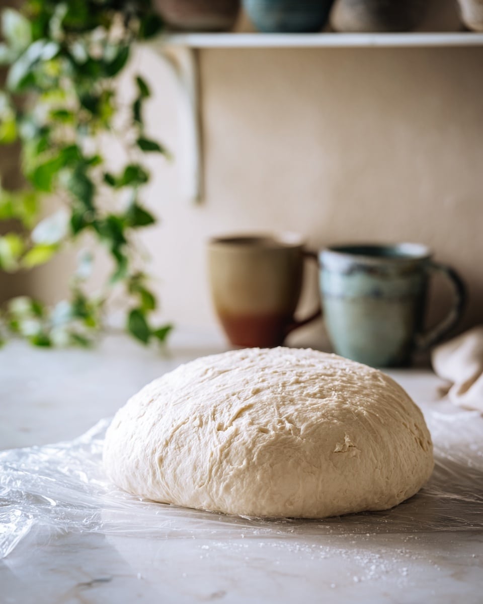 A pale, round dough mound with a rough, slightly cracked texture rests on a sheet of clear plastic wrap, placed on a white marbled surface. The dough has small indentations across its top surface, showing a soft and pliable consistency. In the background, a white metal shelf holds two ceramic mugs in muted earth tones, next to a green trailing plant. The soft natural light casts gentle shadows on the dough and the countertop, creating a warm, cozy kitchen atmosphere photo taken with an iphone --ar 4:5 --v 7