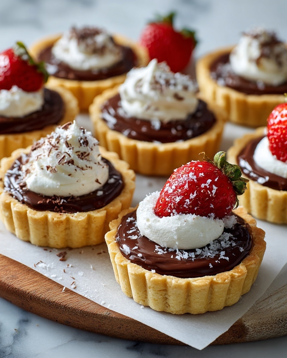 A close-up view of small tart shells filled with glossy dark chocolate filling, arranged on a black wire cooling rack over a white marbled surface. Some tarts have a smooth swirl of white cream dolloped on top, creating a soft, fluffy texture with slightly pointed peaks. A woman's hand is gently placing a bright red strawberry with visible seeds onto the chocolate filling of one tart, adding a pop of vibrant color. The tart shells are golden-brown with a fluted edge, showing a crisp texture. The scene is brightly lit, highlighting the shiny chocolate and the creamy contrast of the white topping, all styled in a clean and simple way. Photo taken with an iphone --ar 4:5 --v 7