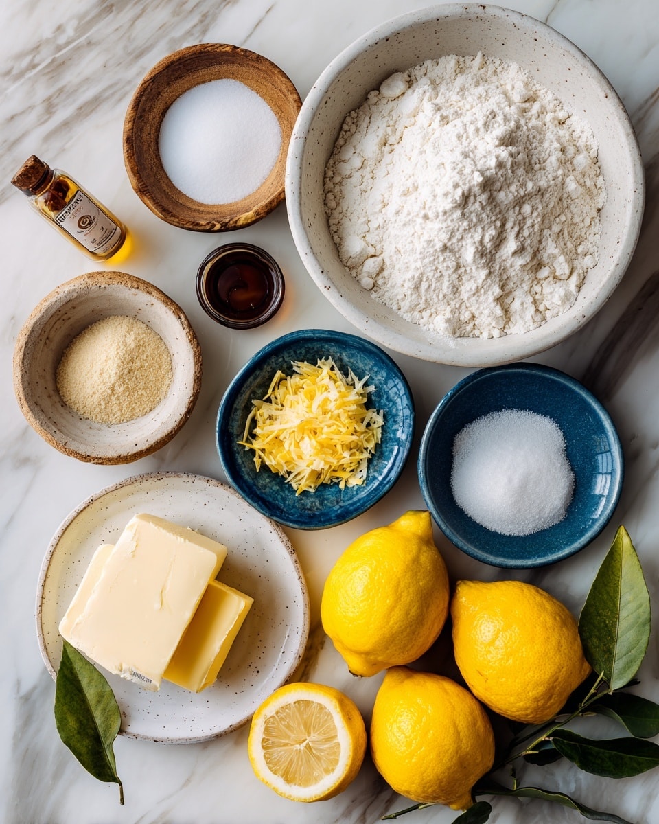 The image shows a wooden surface with various baking ingredients arranged neatly. There is one large bowl filled with white flour, next to another bowl containing white granulated sugar. A small bottle of vanilla extract is nearby. A small speckled white plate holds a stick of butter, and another white plate holds two thick slices of butter. A small white bowl contains a light brown powder, likely yeast, and a tiny bowl has white salt. A blue bowl contains grated yellow lemon zest. Six whole bright yellow lemons and two halved lemons are placed together, one halved lemon cutting showing its juicy interior with seeds, along with a small lemon leaf branch. The background is a white marbled texture photo taken with an iphone --ar 4:5 --v 7