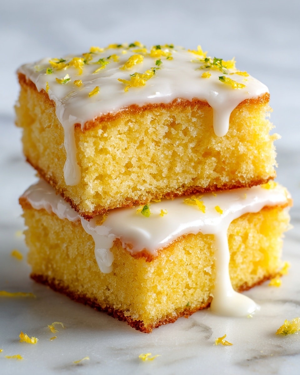 Two square lemon cake pieces are stacked on a white marbled surface, each piece showing a bright yellow, soft, and moist texture. The top piece has a bite taken out of its front side, revealing the spongy inside. Both squares are topped with a smooth white icing that drips slightly over the edges, with small bits of grated lemon zest sprinkled on top for a touch of color. The edges of the cakes are lightly browned, adding a subtle contrast to the yellow and white layers. Photo taken with an iphone --ar 4:5 --v 7