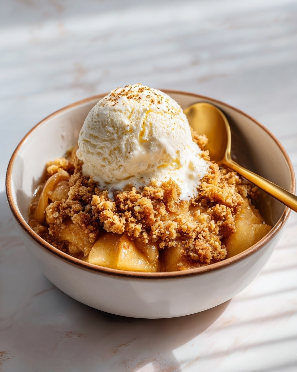 The image shows a white ceramic bowl with an orange interior filled with a dessert. The dessert has a bottom layer of golden crumbly streusel with a rough texture. On top of this is a scoop of smooth, light cream. Above the cream, there is a serving of shiny, soft, cooked apple pieces with a slightly translucent yellow color with some light reddish parts and tiny dark specks, indicating cinnamon or spice. A golden spoon holds a portion of the dessert with apple pieces in focus. The bowl sits on a white marbled surface. Photo taken with an iphone --ar 4:5 --v 7