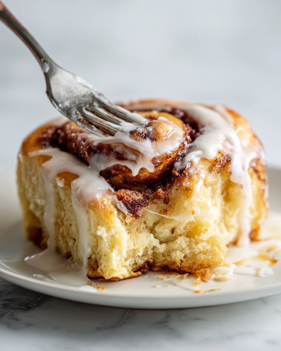 A close-up view of a cinnamon roll with five visible layers, each layer having a soft, light brown dough with darker brown cinnamon swirls. The roll is covered in a thick, shiny white glaze that drips slightly down the sides and pools on the white plate beneath it. A metal fork is holding a piece of the roll, showing the soft, fluffy inside texture soaked with glaze. The background is a white marbled texture. Photo taken with an iphone --ar 4:5 --v 7