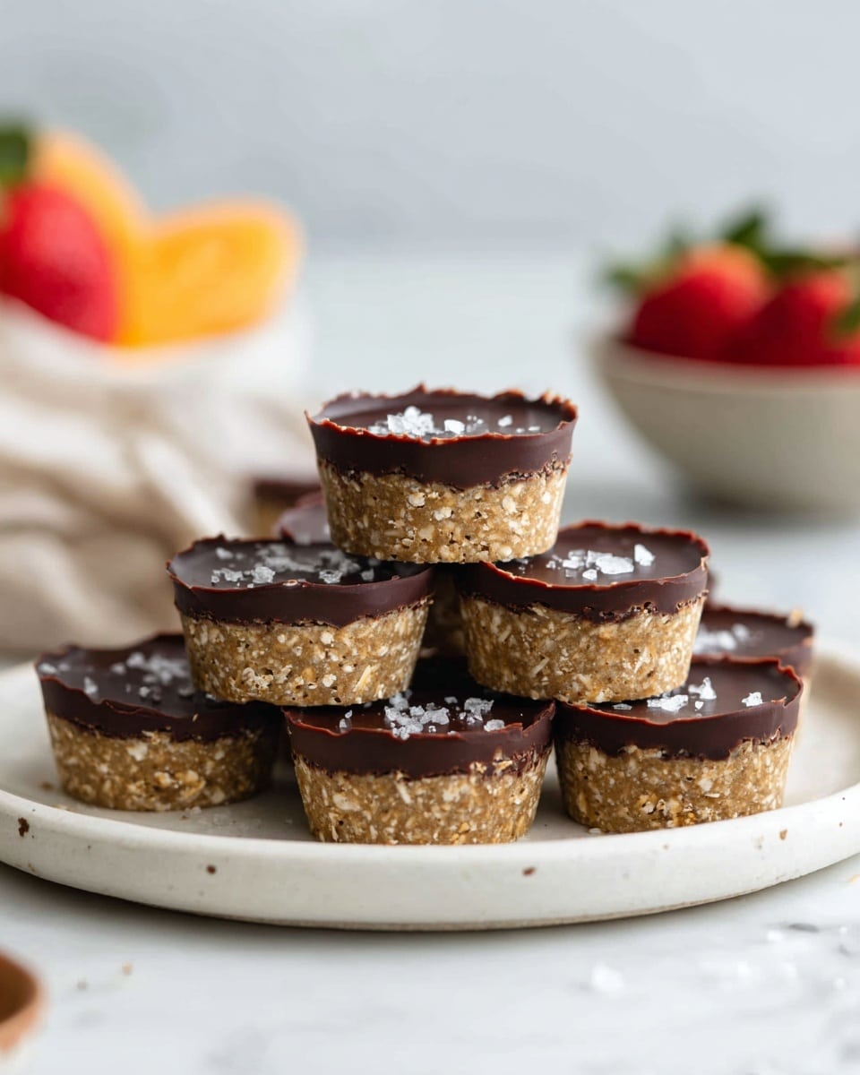 The image shows a white round plate with seven small round treats stacked and laid out. Each treat has two visible layers: a thicker, textured light brown layer made of oats or nuts on the bottom, and a smooth, dark brown chocolate layer on top. The top chocolate layer shines slightly and some pieces have a small sprinkle of white salt. Three treats are stacked in a neat tower at the center of the plate while four others surround the base. The plate sits on a white marbled surface, with blurred fruit and a small bowl in the background. Photo taken with an iphone --ar 4:5 --v 7
