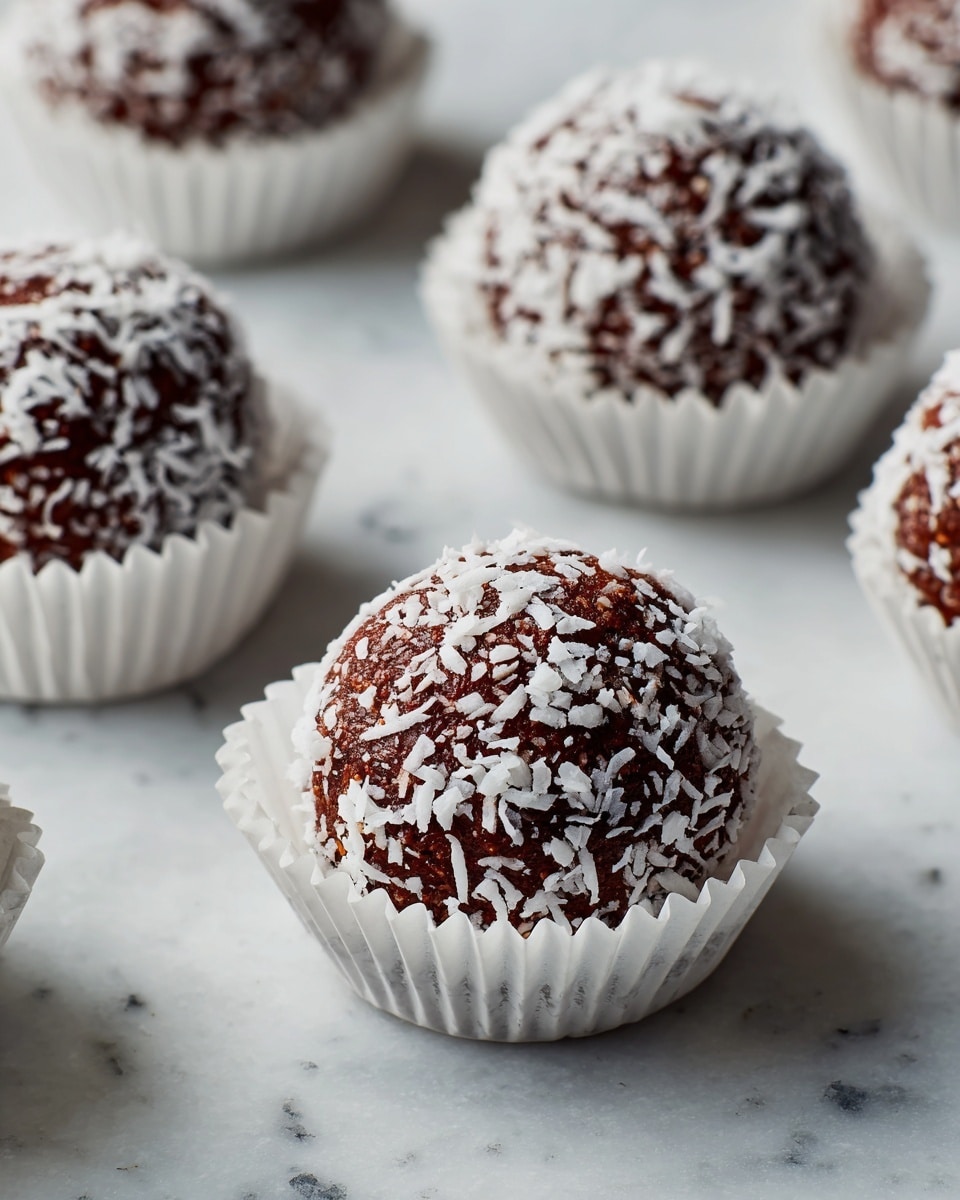 A close-up image showing a woman's hand holding a small round treat covered with white shredded coconut. The round treat has a brown base that is partially visible under the coconut flakes. Below the hand is a white plate filled with a thick layer of white shredded coconut, with a few coconut flakes scattered around the plate's edges. The background is a white marbled surface. The lighting highlights the textures of the coconut and the smooth skin of the woman's hand. photo taken with an iphone --ar 4:5 --v 7