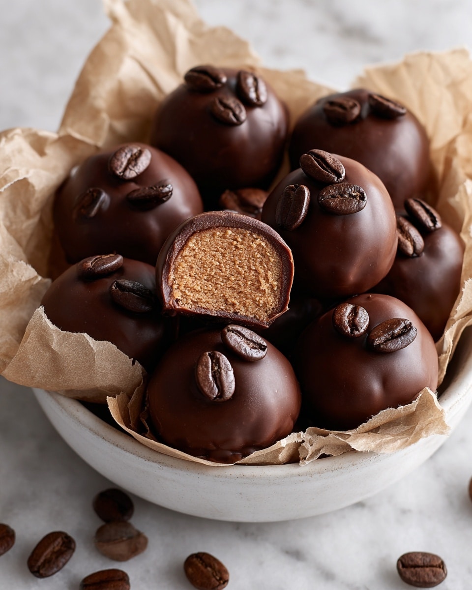 A white bowl lined with crinkled light brown parchment paper holds about a dozen chocolate-covered round truffles, each topped with two or three shiny dark brown coffee beans. One truffle near the center is cut in half showing a smooth, dense light brown filling inside the glossy dark brown chocolate coating. Some coffee beans are scattered on the white marbled surface around the bowl. The scene is softly lit, emphasizing the smooth textures and rich colors of the truffles and coffee beans. photo taken with an iphone --ar 4:5 --v 7