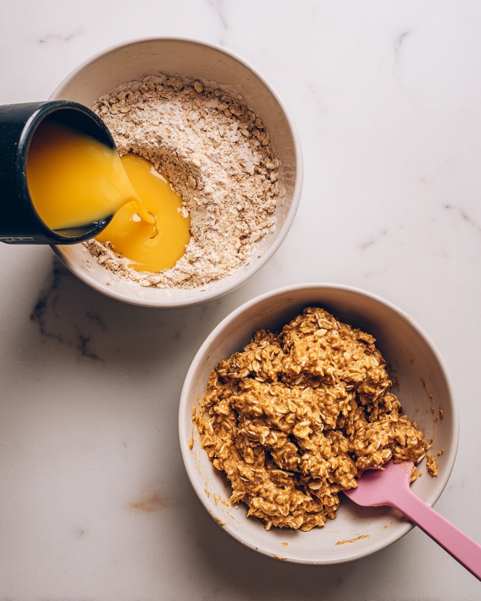 The image shows two side-by-side white bowls on a white marbled surface. The left bowl contains a light brown dry mix of oats and flour, into which a yellow liquid is being poured from a black container. In the right bowl, the ingredients have been mixed into a chunky, slightly sticky dough with visible oat pieces and a brown color. A pink spatula is partially submerged in the dough, resting inside the bowl. Photo taken with an iphone --ar 4:5 --v 7
