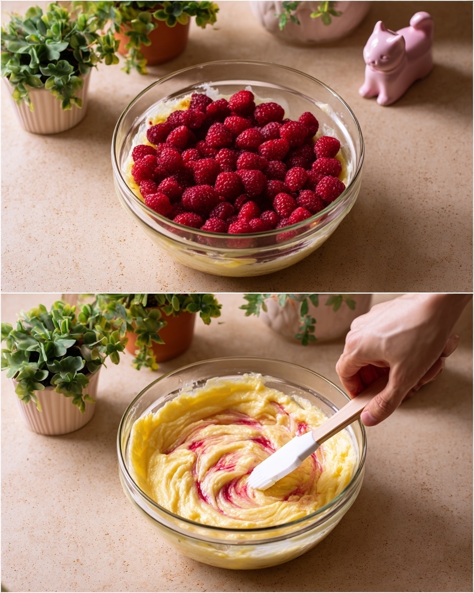 Two images show a clear glass bowl with thick pale yellow batter inside. In the first image, a layer of bright red raspberries sits on top in the center. The second image shows a woman's hand holding a white spatula mixing the raspberries into the batter, creating swirls of red and yellow. The bowl is on a beige surface with potted green plants and a small pink ceramic cat figure in the background. The photo taken with an iphone --ar 4:5 --v 7