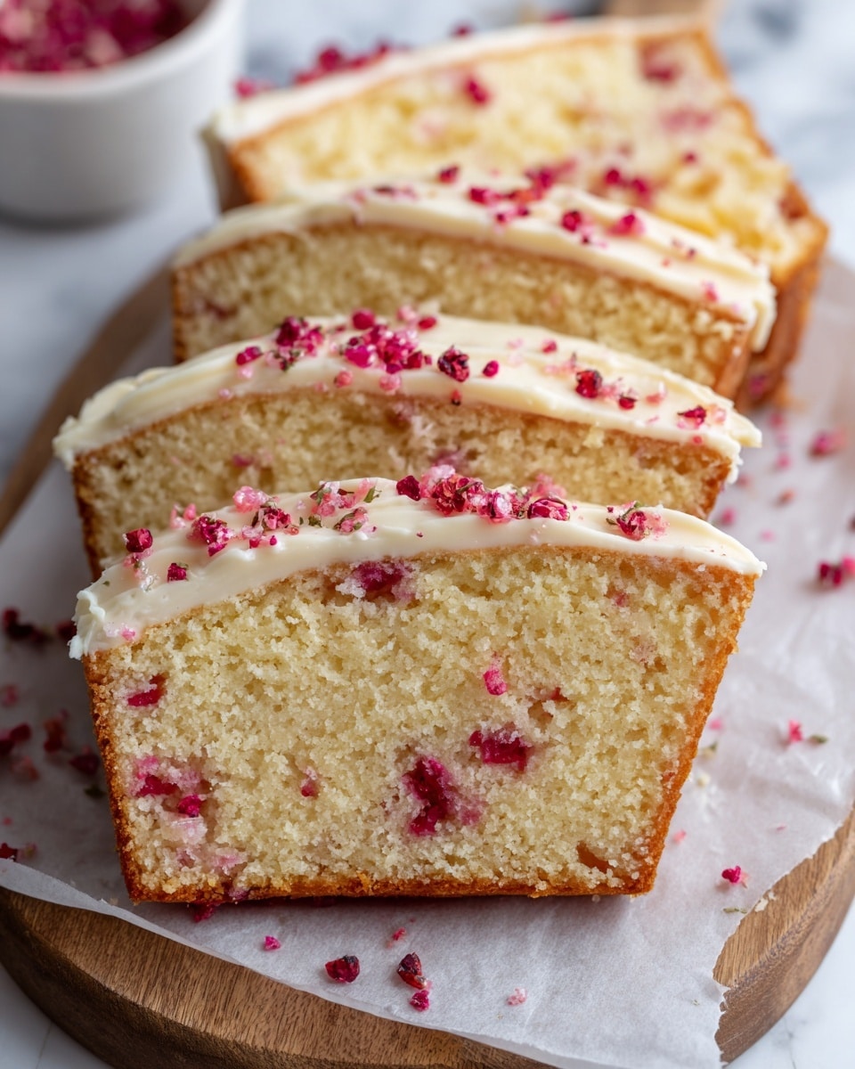 The image shows five slices of a light golden cake with visible red berry pieces spread inside the soft and moist crumb. Each slice has a smooth layer of light beige frosting on top, which is decorated with small bits of crushed red berries, adding a touch of texture and color. The slices are arranged in a slight fan shape on a piece of white parchment paper resting on a wooden board, all placed on a white marbled surface. The focus is close and sharp on the nearest slice, showing the crumb texture and fruit details clearly, with the background softly blurred. photo taken with an iphone --ar 4:5 --v 7