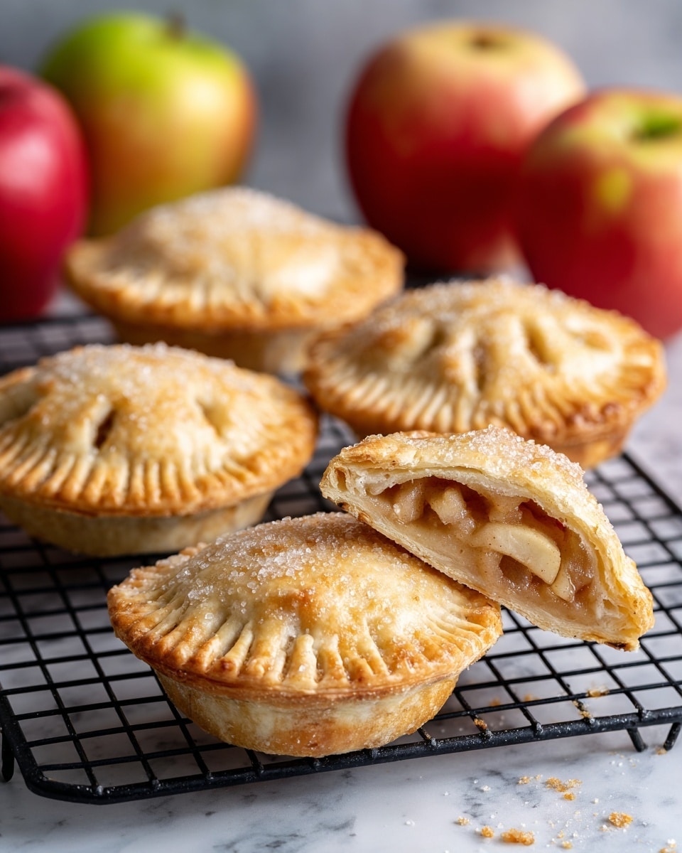 The image shows seven small round pastries on a black cooling rack. Each pastry has a golden-brown top crust sprinkled with coarse sugar crystals that sparkle in the light. The crust edges are pressed down with fork marks, creating a ridged pattern all around. In the center of each pastry, there is a small cross-shaped cut that reveals a dark filling inside. The cooling rack sits on a white cloth, and the whole scene is set on a white marbled surface. Photo taken with an iphone --ar 4:5 --v 7